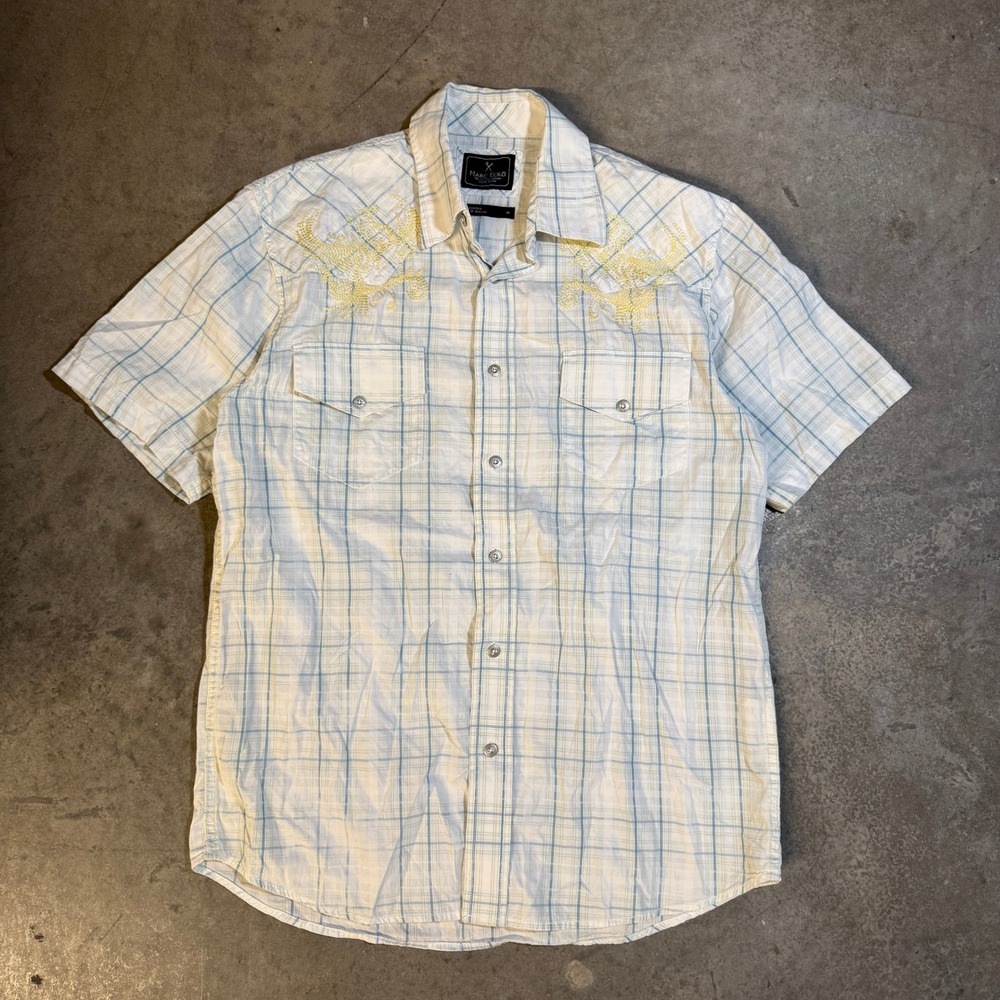 Marc Ecko Mens Plaid Western Button Down Shirt Embroidered White Blue Yellow M